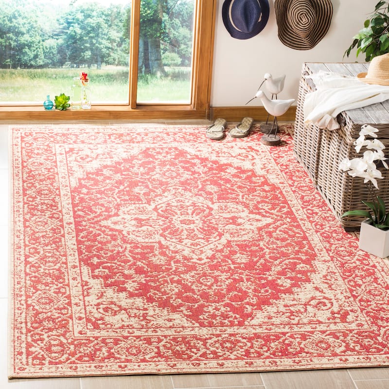 SAFAVIEH Linden Louann Indoor/ Outdoor Waterproof Patio Backyard Rug - 3' x 5' - Red/Creme