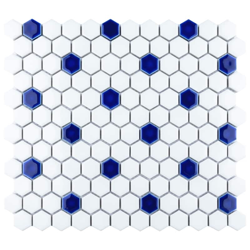 Merola Tile Metro Ion 1" Hex Sapphire Dot w/Glossy White 10-1/4" x 11-7/8" Porcelain Floor and Wall Tile