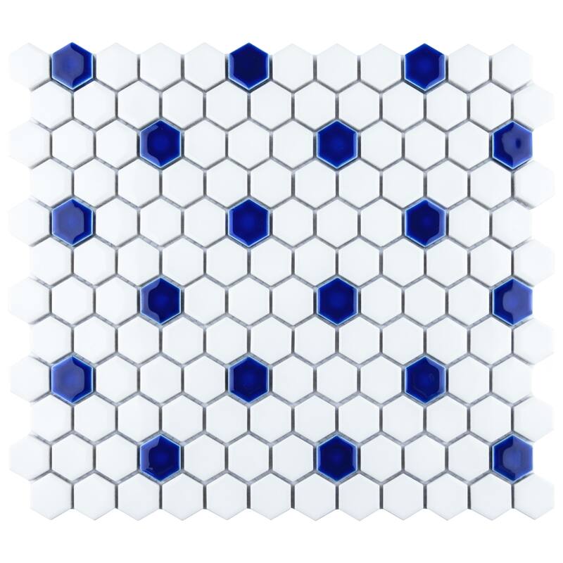 Merola Tile Metro Ion 1" Hex Sapphire Dot w/Glossy White 10-1/4" x 11-7/8" Porcelain Mosaic Floor and Wall Tile