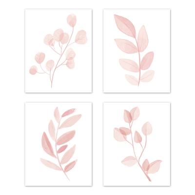 Blush Pink and White Floral Leaf Wall Decor Art Prints Set of 4 Boho Chic Bohemian Watercolor Botanical Woodland Single Flower