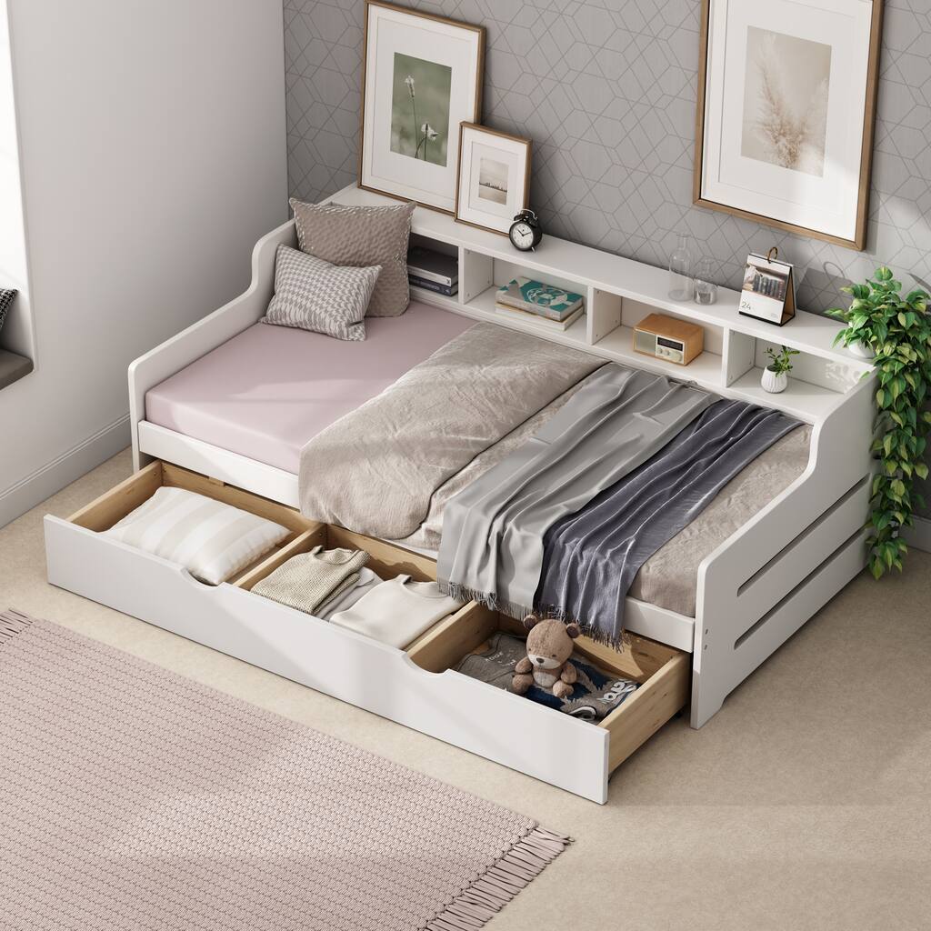 Twin Size Wooden Day Bed with 3 Drawers and Shelving - Multi-Functional Guest Bed and Sofa, White/Grey