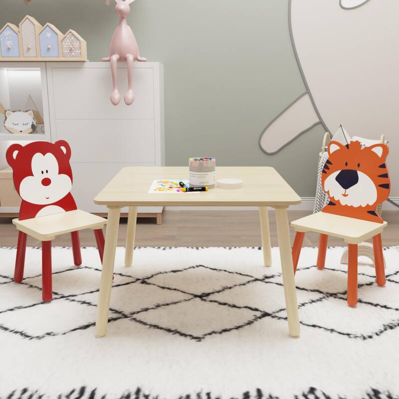 Anmytek Toddler 3-Piece Wooden Table and Chair Set Kids Activity Desk with Animal Backrest for Playroom Nursery