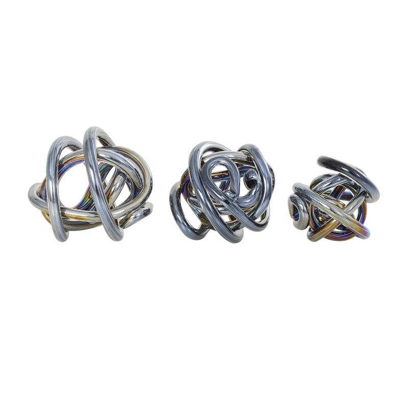 Glass Abstract Handmade Iridescent Knotted Ball Sculpture - Set of 3 Dark Gray, Black or Clear - Roche River Decor