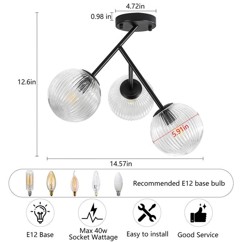 Modern 3-Light Semi-Flush Mount Light with Ribbed Glass Shades