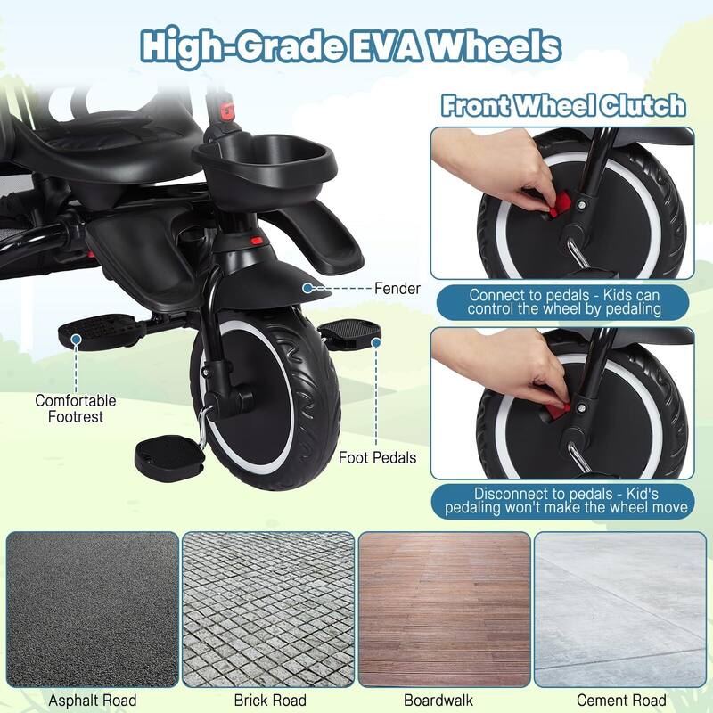 Baby Tricycle, 7 in 1 Folding Toddler Bike w/Removable Adjustable Push Handle