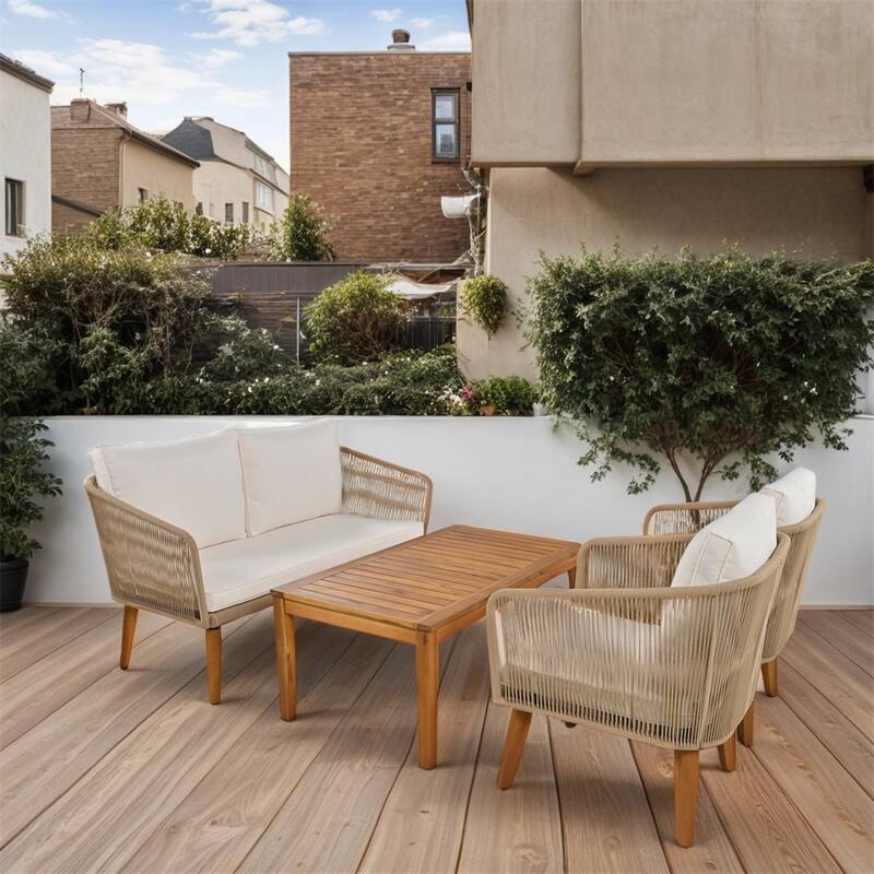 4-Piece Patio Conversation Set with Cushions and Solid Wood Loveseat - Beige+Natural