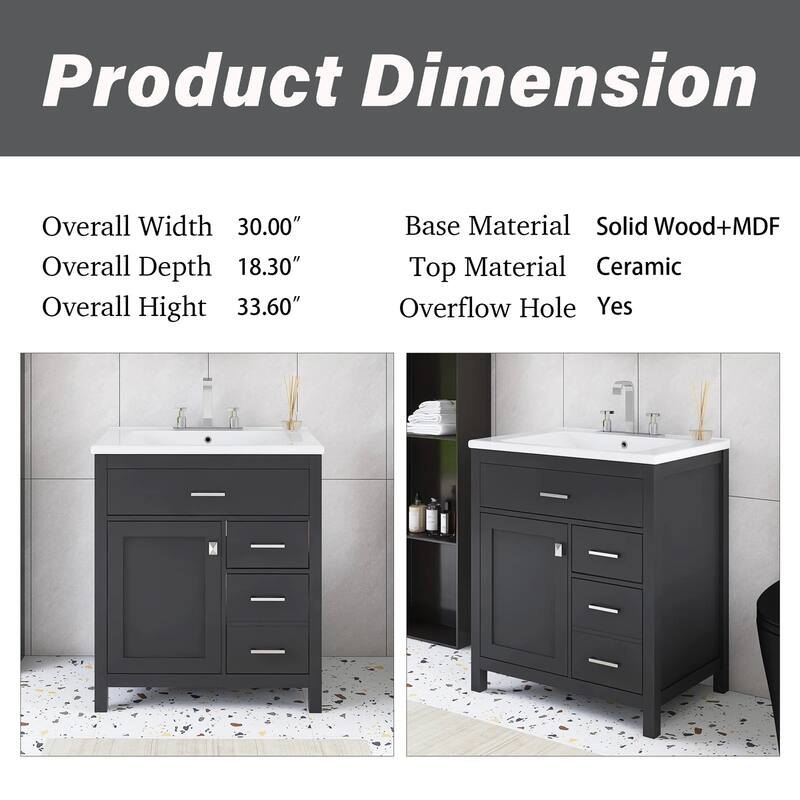 30 in. W x 18 in. D x 34 in. H Single Sink Freestanding Bath Vanity with White Ceramic Top