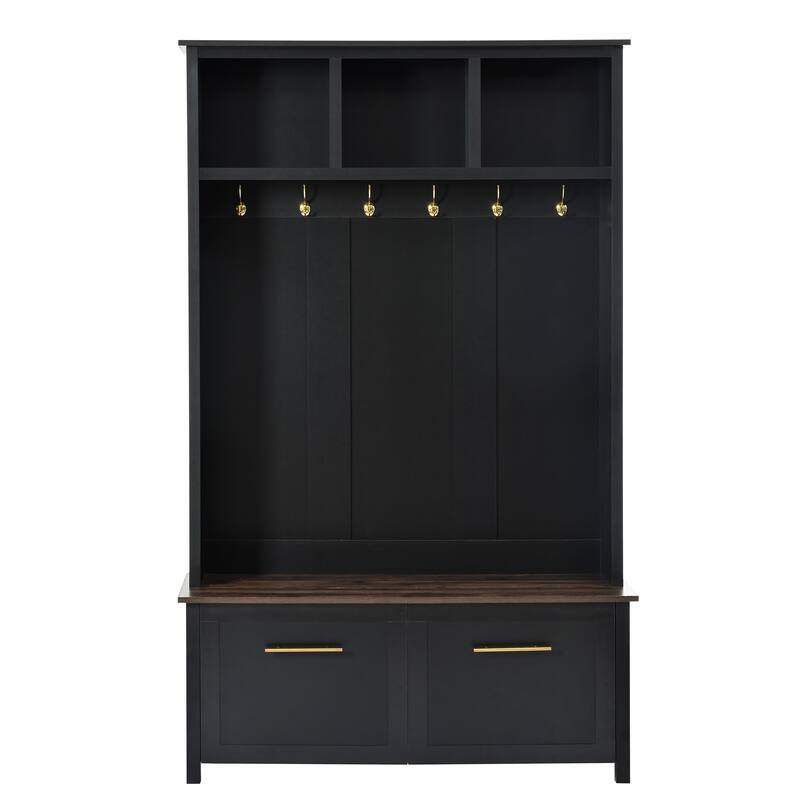 4-in-1 Multi-Functional Hall Tree – Wood Grain Storage Bench with 6 Golden Hooks & 2 Drawers – Entryway Organizer for Hallway