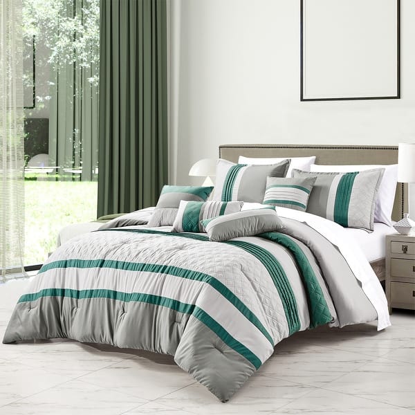slide 2 of 5, Wellco Bedding Comforter Set Bed In A Bag - 7 Piece Luxury Bedding Sets - Oversized Bedroom Comforters, Green Green - King