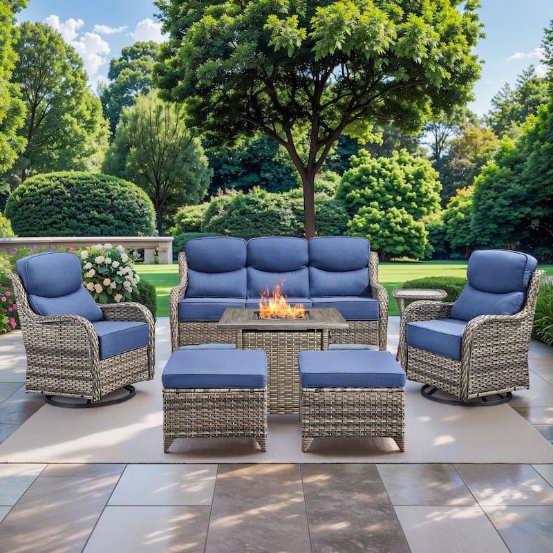 Pocassy Outdoor 6" Sofa Swivel Chair Ottoman with Fire Pit Table - Grey Wicker Blue Cushion - 7 Pieces Sofa Chair Ottoman Table w/ Fire Table