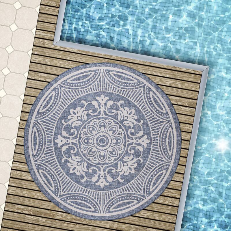 Beverly Rug Blue Medallion Indoor Outdoor Rug, Outside Carpet for Patio, Deck, Porch