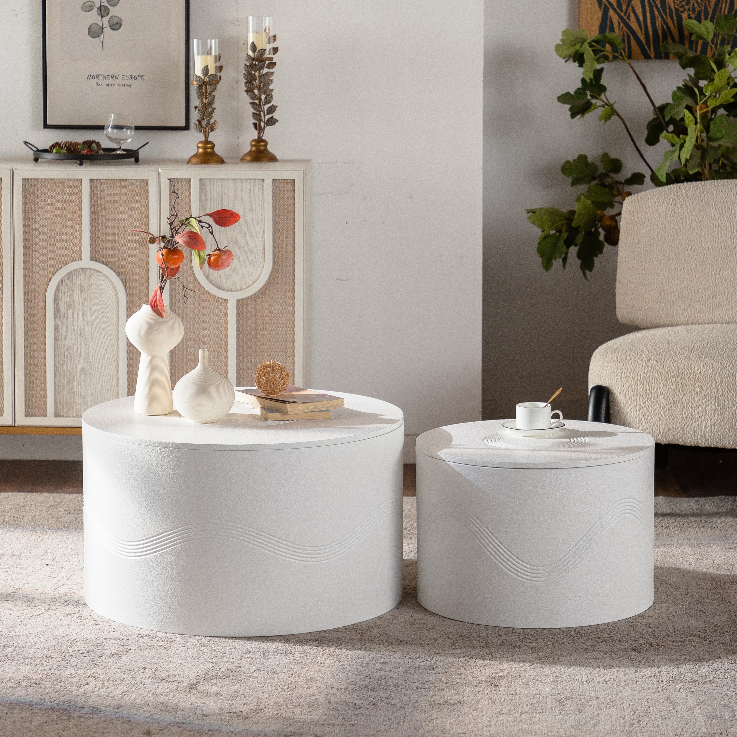 GDFStudio - Set of 2 Modern Wavy Round Nesting Coffee Table with Hidden Storage - White