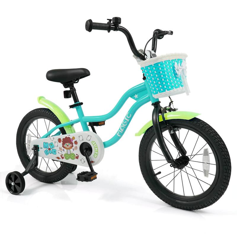 Costway 12”/14”/16”/18” Kids Bike with Training Wheels, Basket, Hand & - See Details - 16” Green