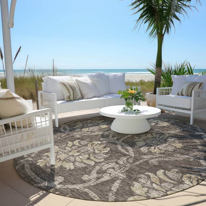 Machine Washable Indoor/ Outdoor Chantille Floral Scroll Rug - Brown - 8' x 8'