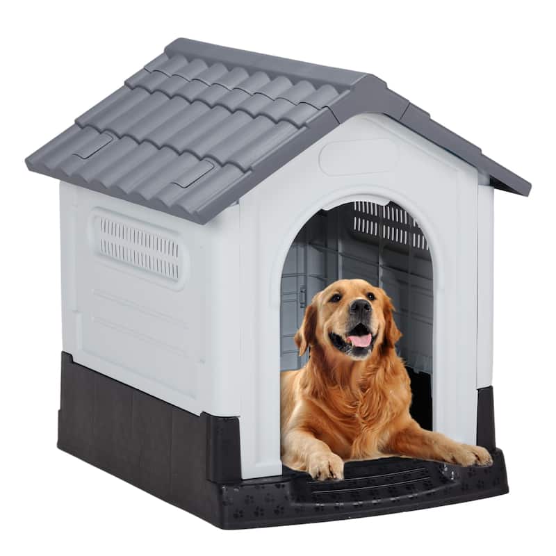 Plastic Dog House with Air Vents, Elevated Floor, Insulated Outdoor Indoor Kennel for Small Dogs