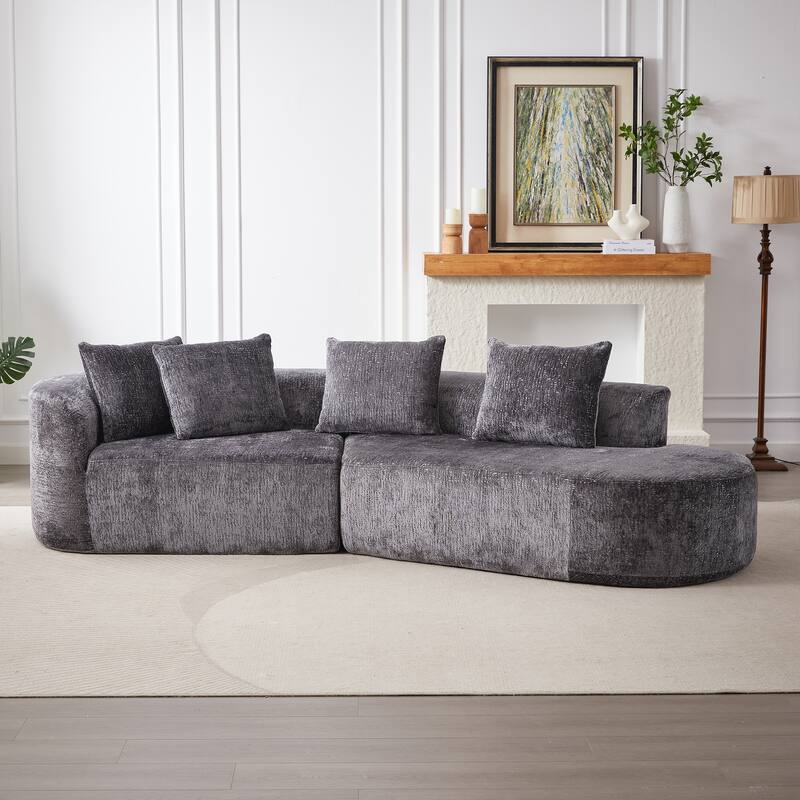 Curved Upholstered Loveseat Sofa Chenille Cloud Couch 4-Seater Chaise Lounge with 4 Throw Pillows for Living Room Recliner