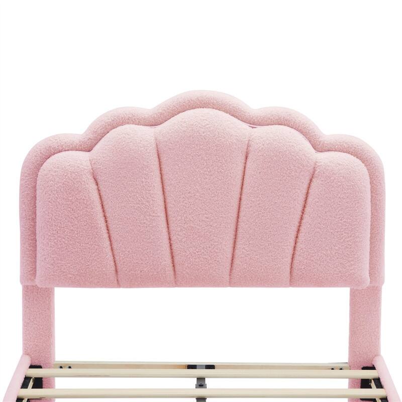 Upholstered Platform Bed with Flower-Shaped Headboard & LED Light Strip, Twin/Full Size Sherpa Fabric Bed Frame w/ Slats Support