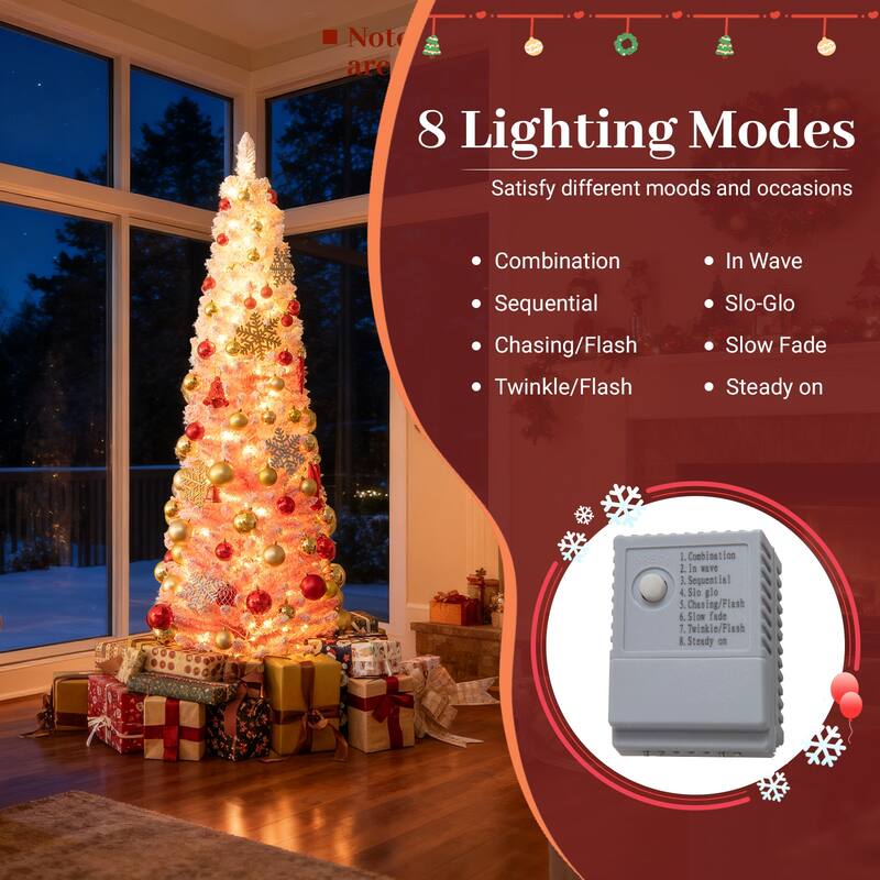 Gymax Pre-Lit Christmas Tree Slim Pencil Xmas Tree w/ Snow Flocked PVC