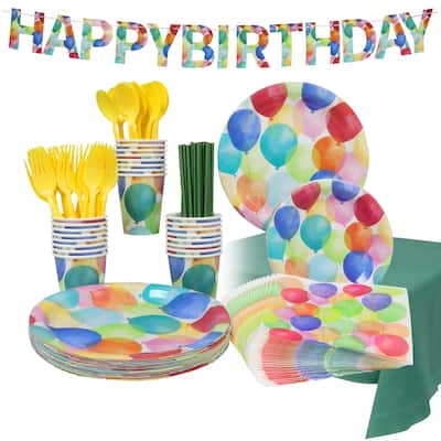 Puleo 171 PC. Disposable Birthday Set, Serves 24 with Small and Large Plates, Napkins, Cups, Utensils, Straws, Tablecloth/Banner
