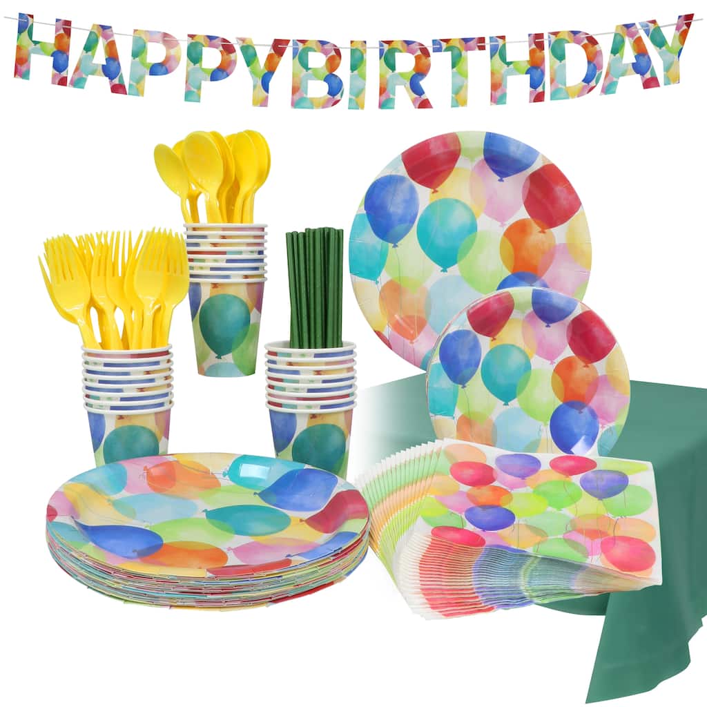 Puleo 171 PC. Disposable Birthday Set, Serves 24 with Small and Large Plates, Napkins, Cups, Utensils, Straws, Tablecloth/Banner