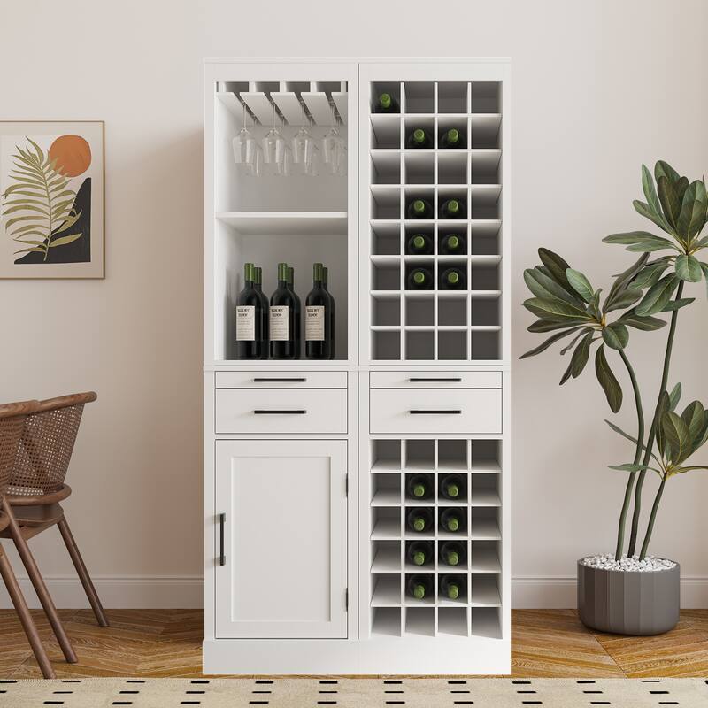Modular Combination Wine Bar Cabinet Set ,Multi-Storage Cabinet with Open Shelves and Wine Glasses Rack - White