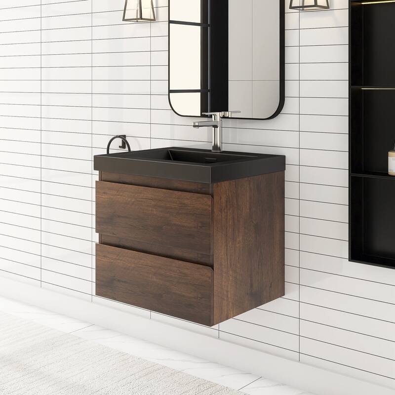 24/30/36 inch Wall-Mounted Bathroom Vanity Set in Rose Wood with Integrated Black Resin Sink