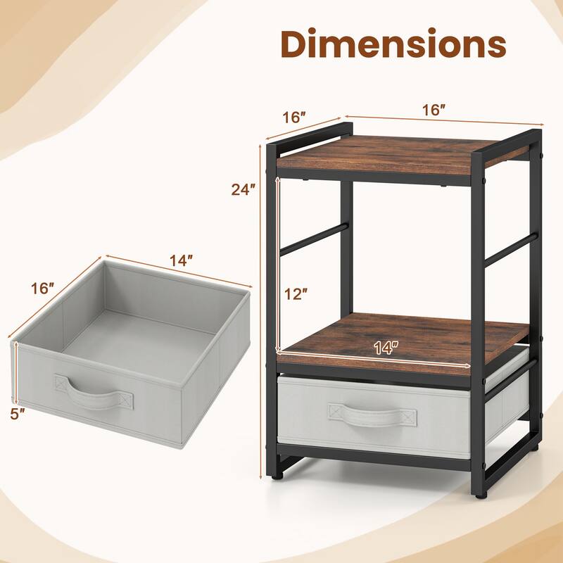 Rustic Brown Side End Table with Grey Drawer and Shelf Metal Frame for Bedroom or Living Room - 16" x 16" x 24"