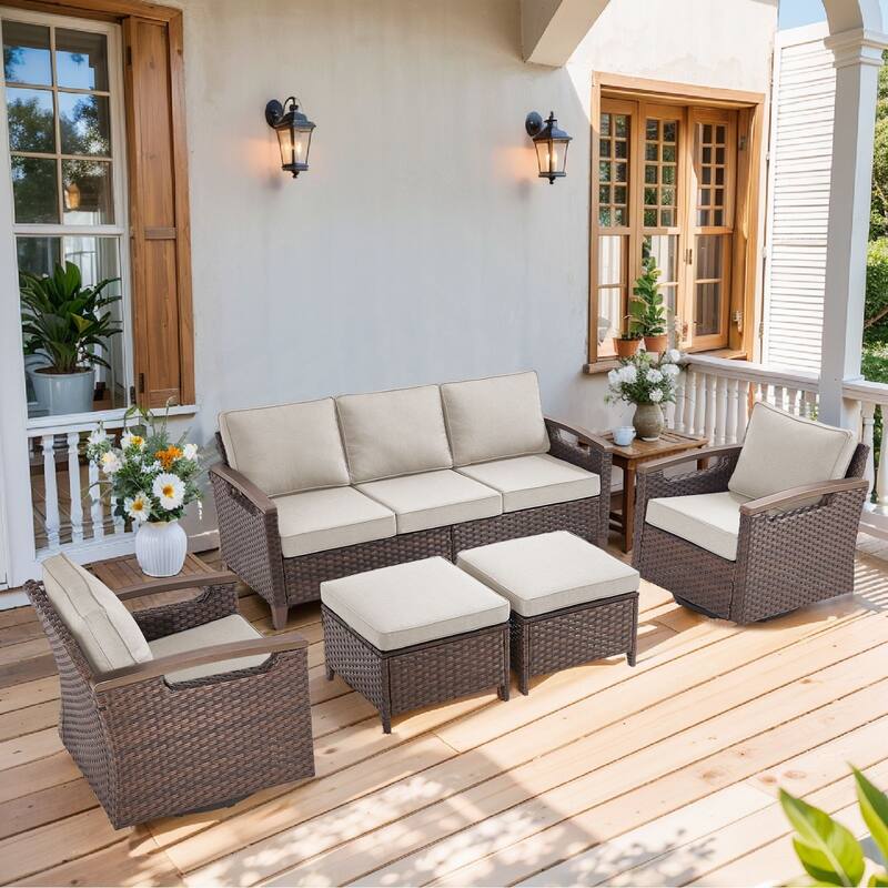 Pocassy Patio Sofa PE Wicker Set - Beige Cushion - 3-Seat Sofa with Swivel Chair Ottoman Set