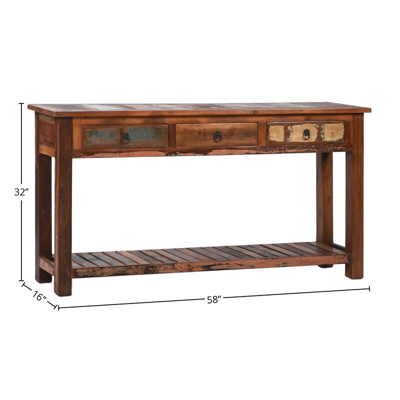 Journee 58-inch Distressed Painted Reclaimed Hardwood 3-Drawer Storage Console Table