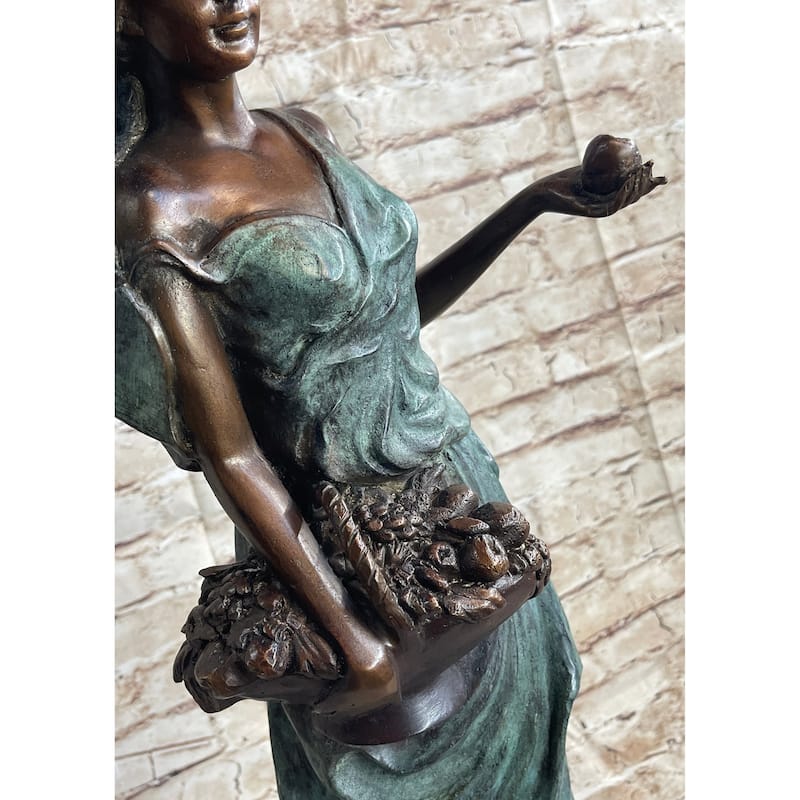 Signed Bronze Sculpture Statue Of A Young Woman Holding Basket Of Fruits