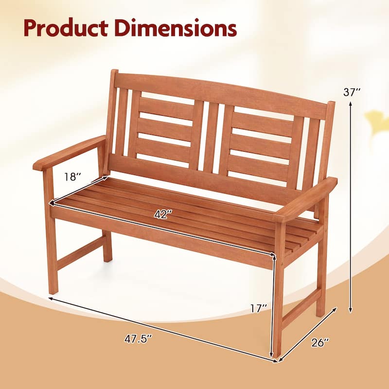 Teak Solid Wood Loveseat Bench with Ergonomic Backrest and Wide Armrests - 26" L x 47.5" W x 37" H