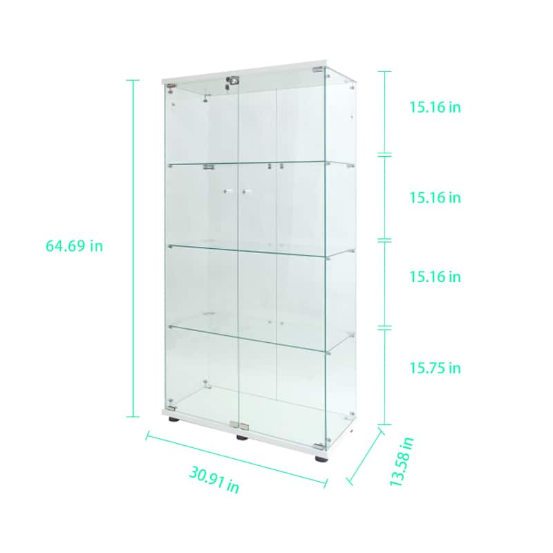 Tempered Glass Display Cabinet with Door Lock, Adjustable Feet and Colorful LED Lights, Wine Storage Curio Cabinet