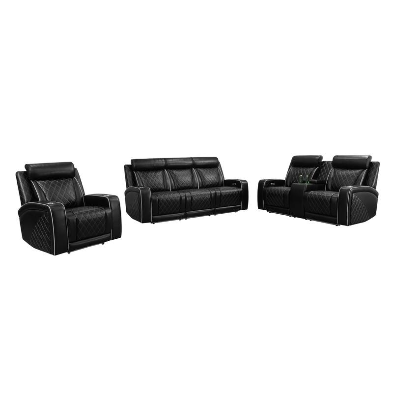 Black Breathable Leather 3-Piece Living Room Functional Sofa Set