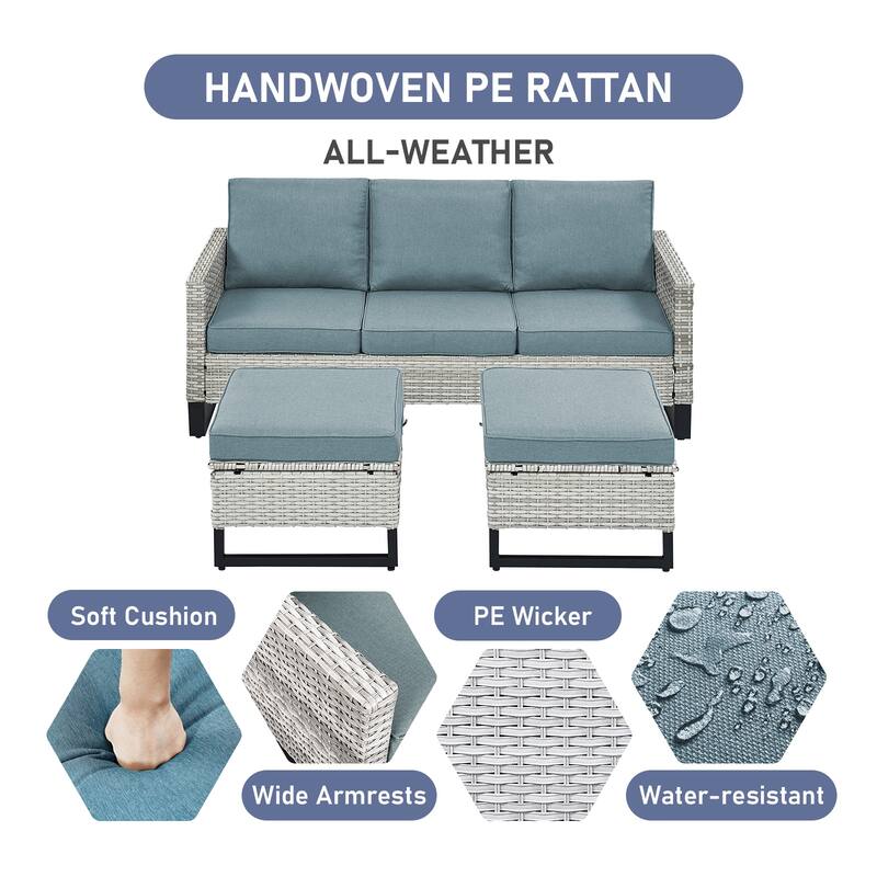 Gymojoy Outdoor Patio Wicker Sofa with Ottomans - Light Grey - Baby Blue