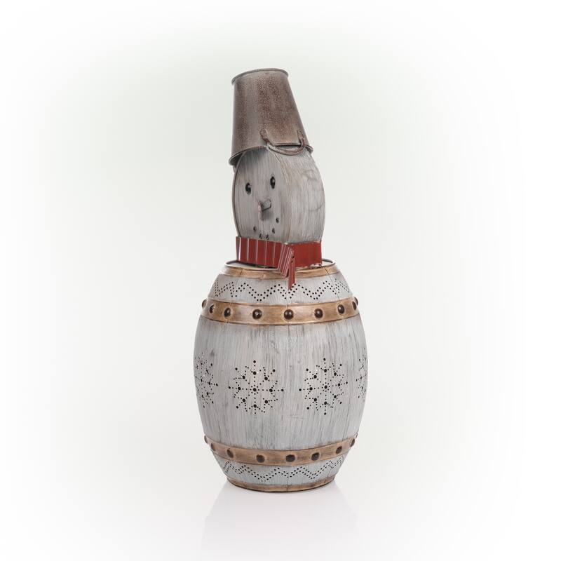 Alpine Corporation 30"H Indoor/Outdoor Metal Barrel Snowman Christmas Holiday Decoration with LED Lights - Silver