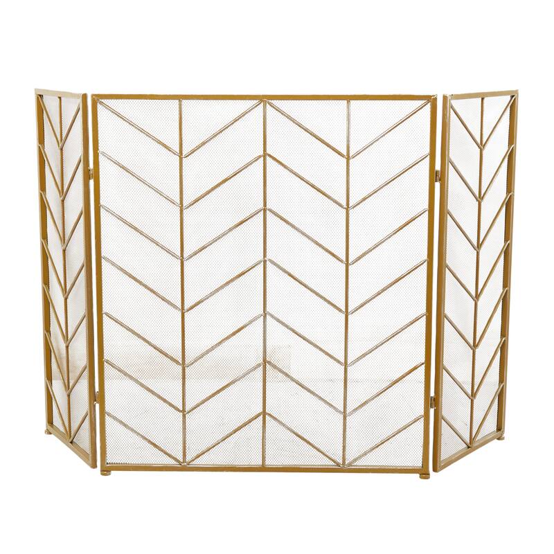 Gold Metal Foldable Mesh Netting 3 Panel Geometric Fireplace Screen with Chevron Pattern