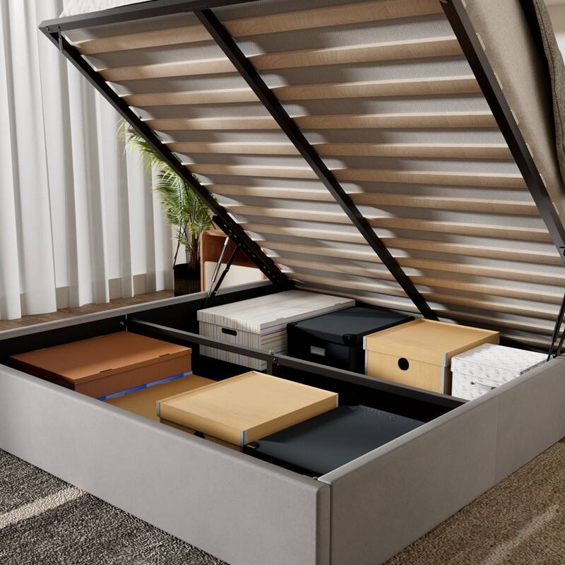 Plywood Frame Upholstered Platform Bed with Lift-up Storage Supported by Metal and Wooden Slats
