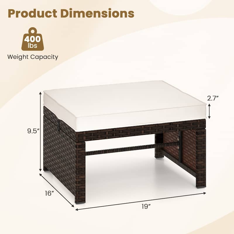 Set of 2 Outdoor Rattan Footstools Ottomans with Cushions for Patio Decor or Garden Seating - 16" L x 19" W x 9.5" H