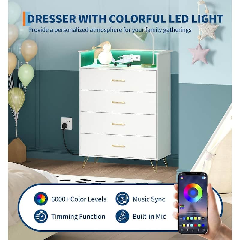 4-Drawer Dresser for Bedroom with Charging Station & RGB Lights