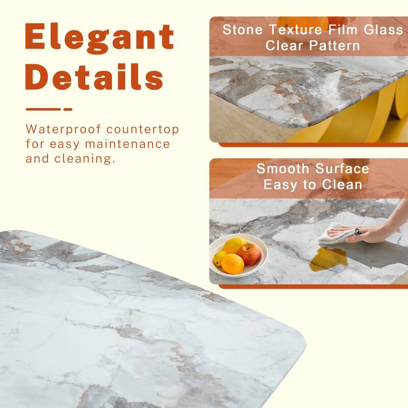 9-Piece Glass Marble-Texture Dining Set, Kitchen Table Set with PU Chairs and Gold Metal Legs for Dining Room