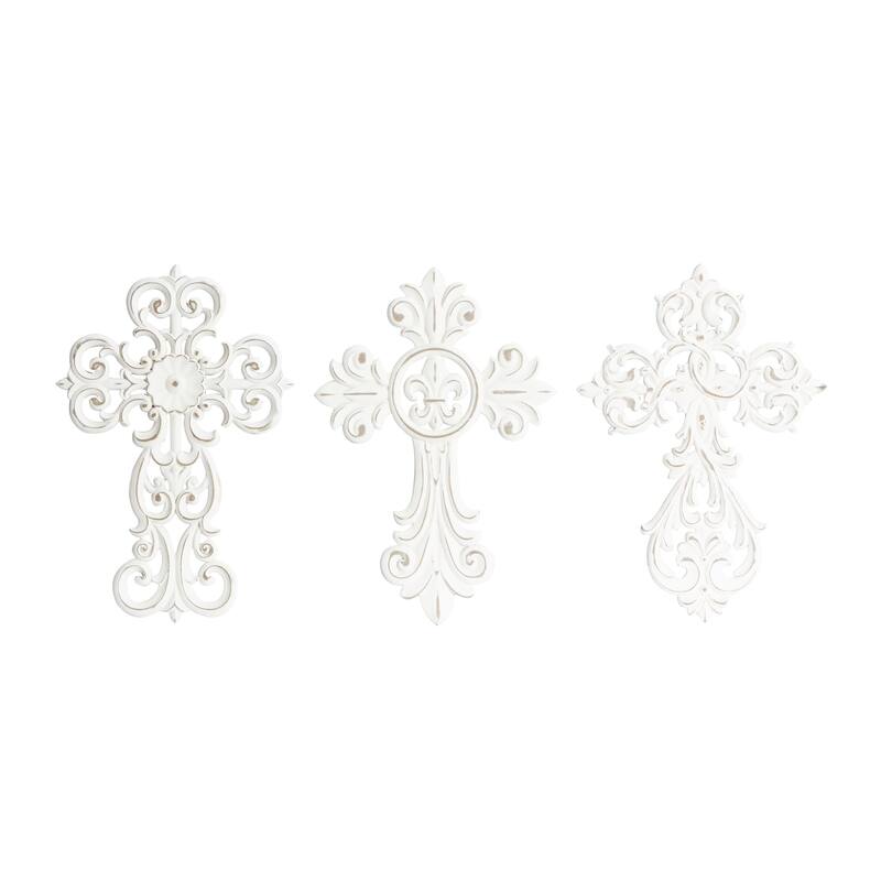 White Wooden Carved Cross Cross Home Wall Decor (Set of 3)
