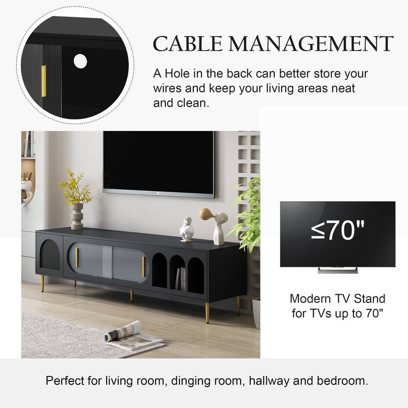 Roomfitters Modern TV Stand for up to 70 Inch TV, Entertainment Console with Cabinets and Shelves for Living Room