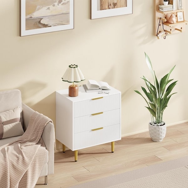 slide 2 of 8, Modern Natural Wood Color Fluted Dresser, Wooden Chest with Gold Metal Handles & Legs White - 3-drawer