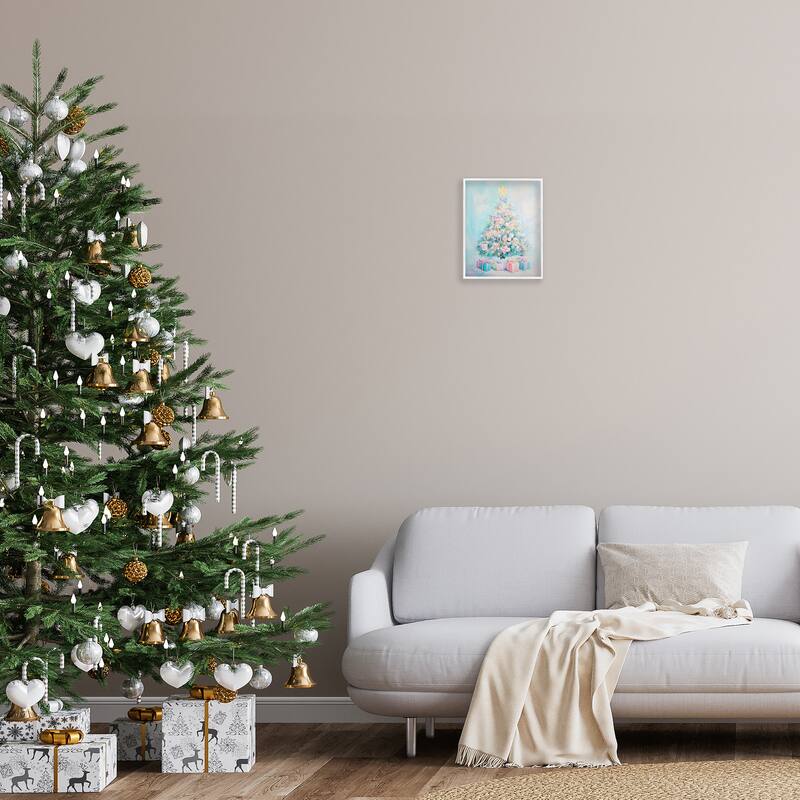 Stupell Pastel Christmas Tree on Blue Framed Giclee Art Design By Arlington Prints