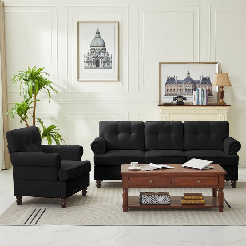Set of 2 Pieces, A 3-seat Sofa and An Armchair, Chenille Sofa Set for Living Room