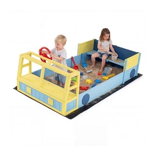 Costway Kids Wooden Sandbox, Large Car-Theme Sand Box with Bottom