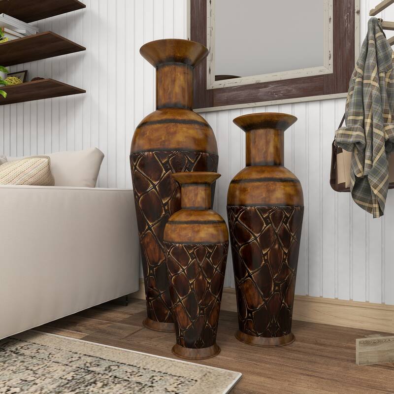 Hammered Iron Metal Rustic Traditional Floor Vase Set (3)