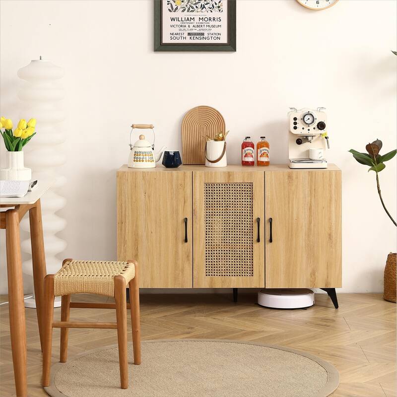 45.3inch Three-Door Cabinet with Natural Rattan Mesh Large Storage Space, Kitchen Storage Cabinet for Living Rooms - Natural Wood