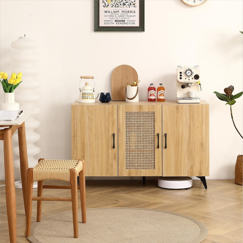 Three-Door Cabinet with Natural Rattan Mesh - Large Storage Space - Beige