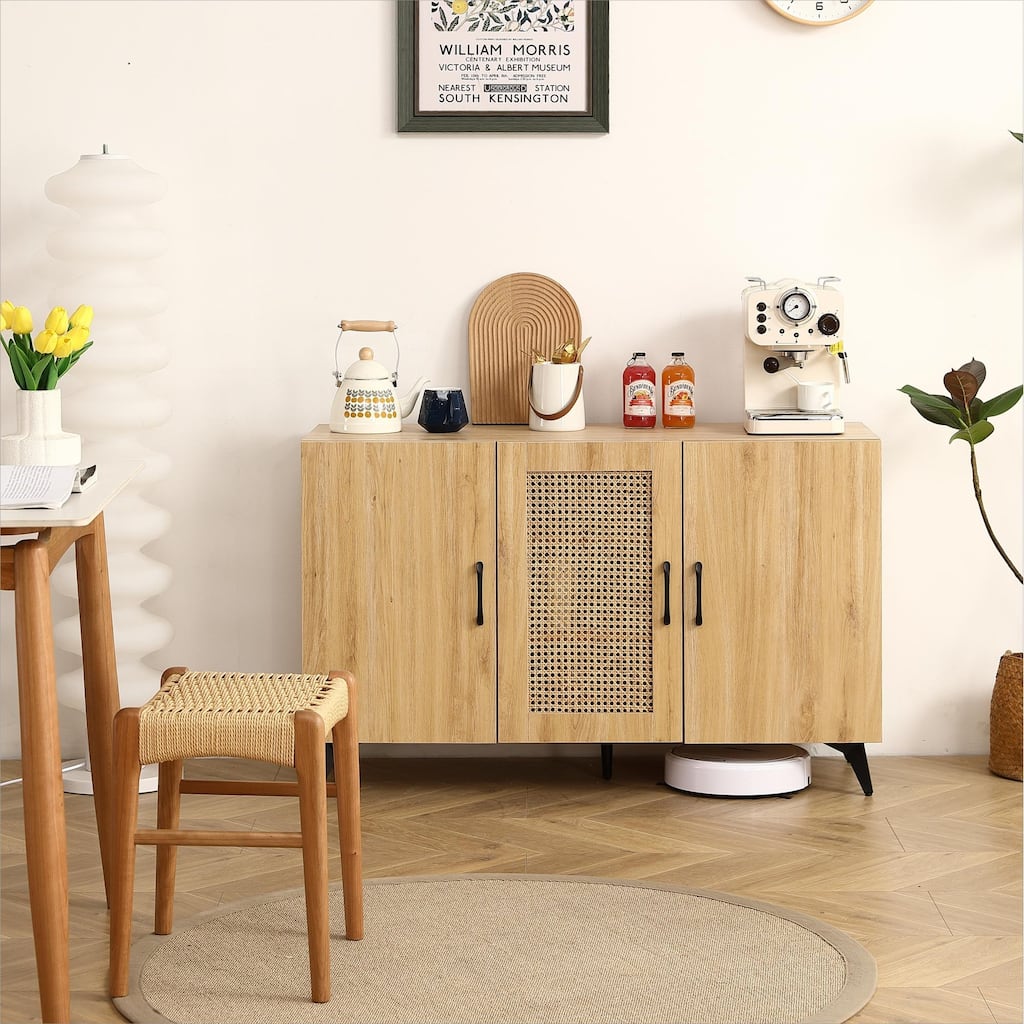 Three-Door Cabinet with Natural Rattan Mesh - Large Storage Space